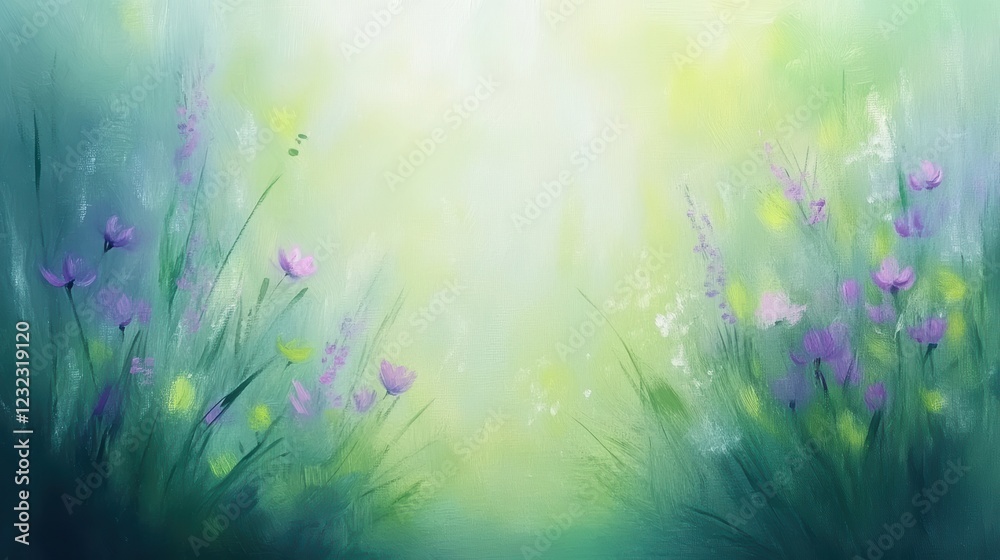 Colorful wildflowers in a green field, serene landscape painting of nature's beauty Colorful wildflowers in a green field, serene landscape painting of nature's beauty