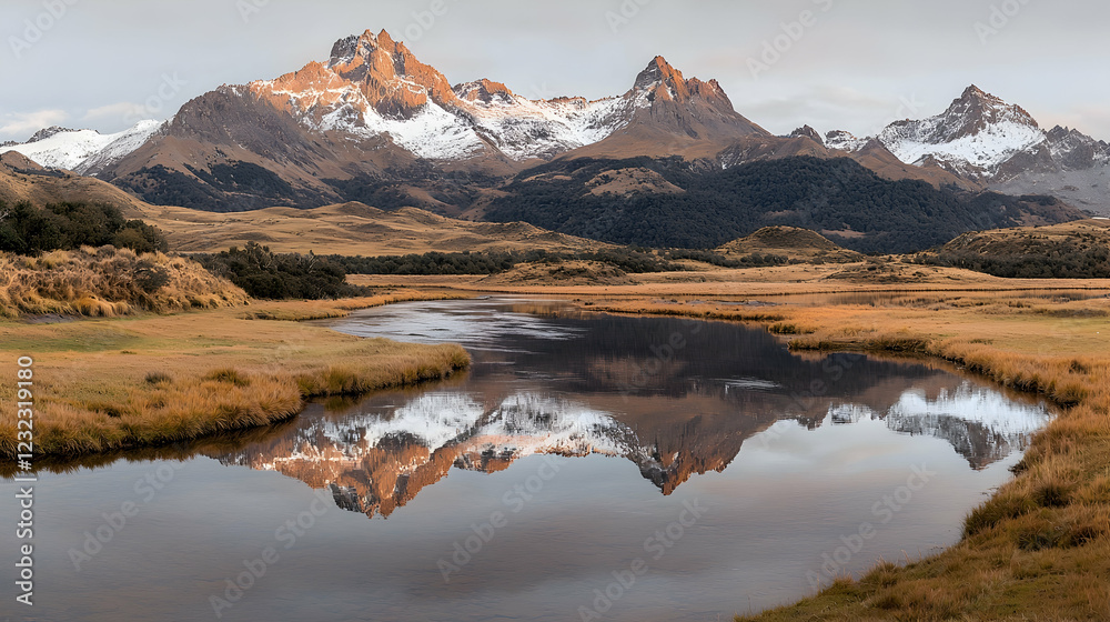 Fototapeta premium Patagonian mountains reflected in calm lake at dawn
