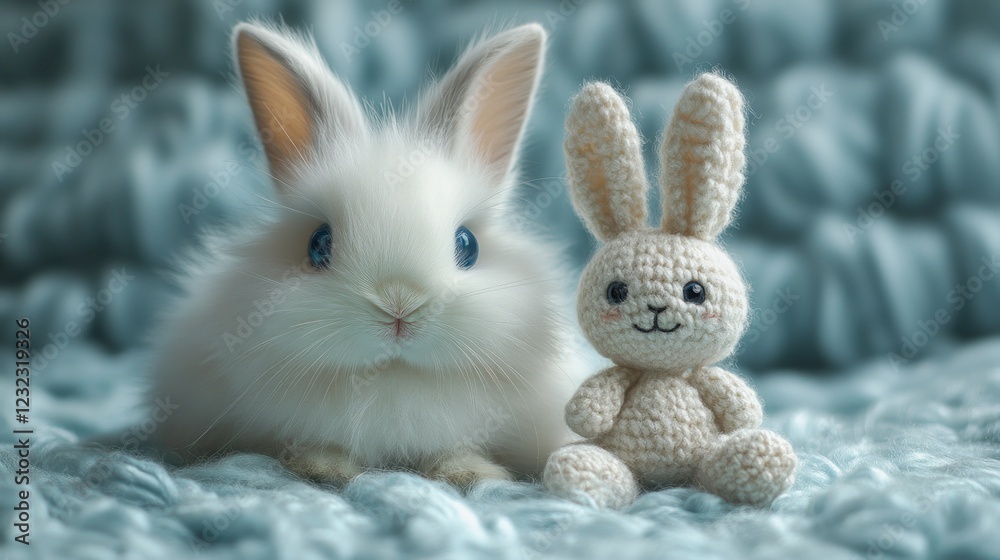 Obraz premium Fluffy bunny, plush toy, pastel blanket, Easter