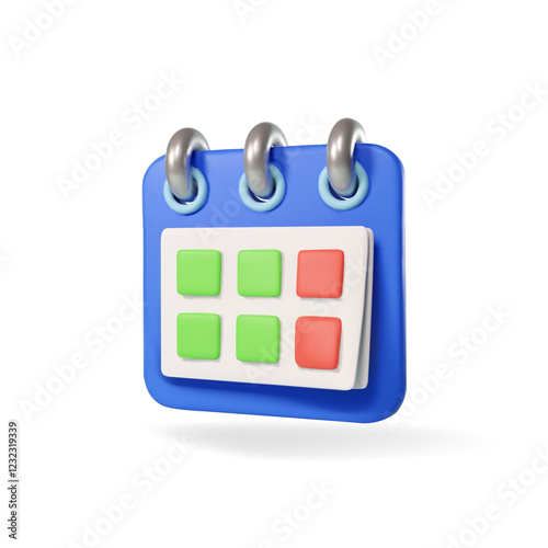 Basic 3D calendar icon, Planner organizer for app or application, realistic schedule plan isolated vector. Month or week page calendar on metallic rings with event date notificationRGB