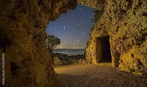 Coastal cave entrance at night with starry sky and ocean view