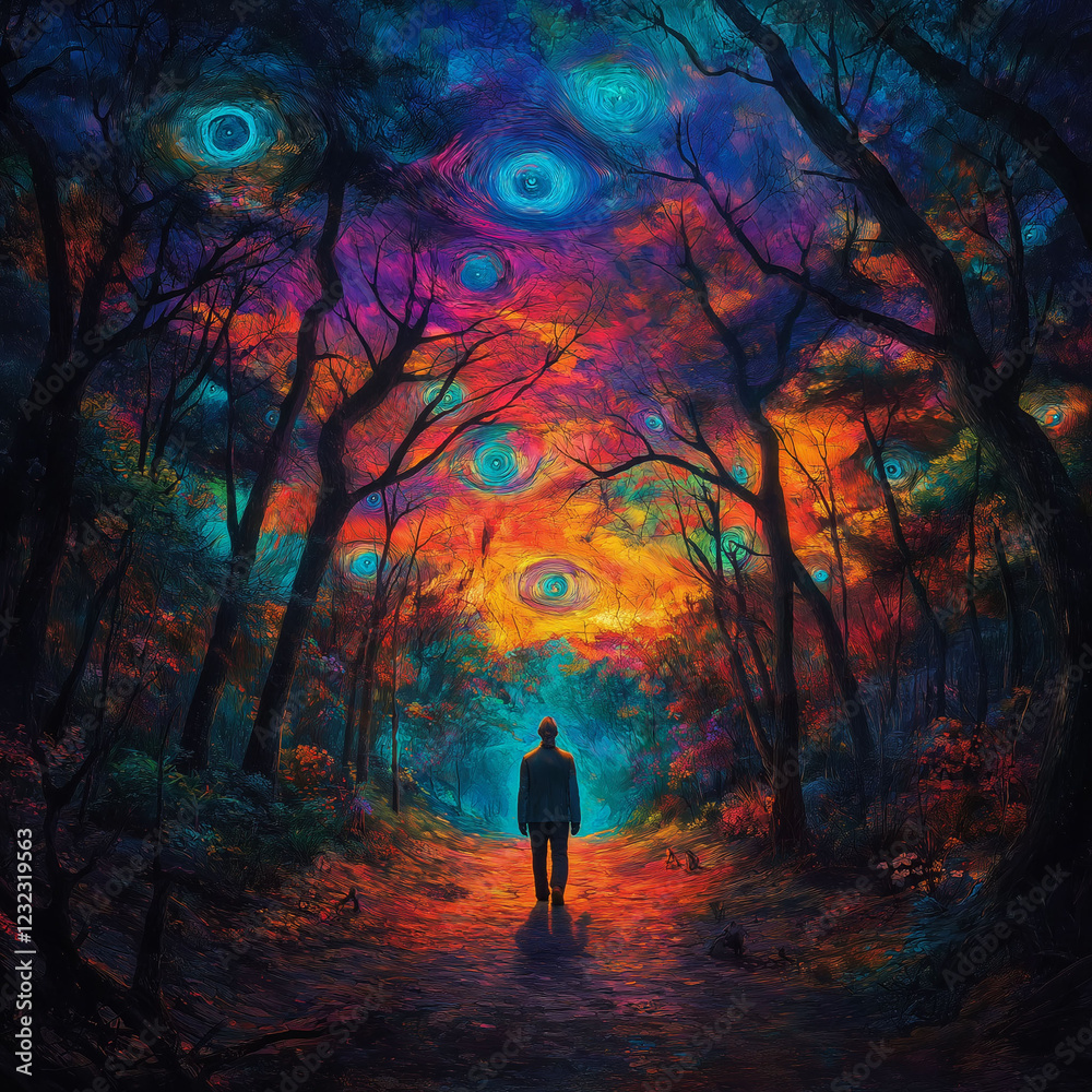 Fototapeta premium Hallucination psychology. Hallucinogenic neuroscience. A patient walks through a forest, experiencing hallucinations.