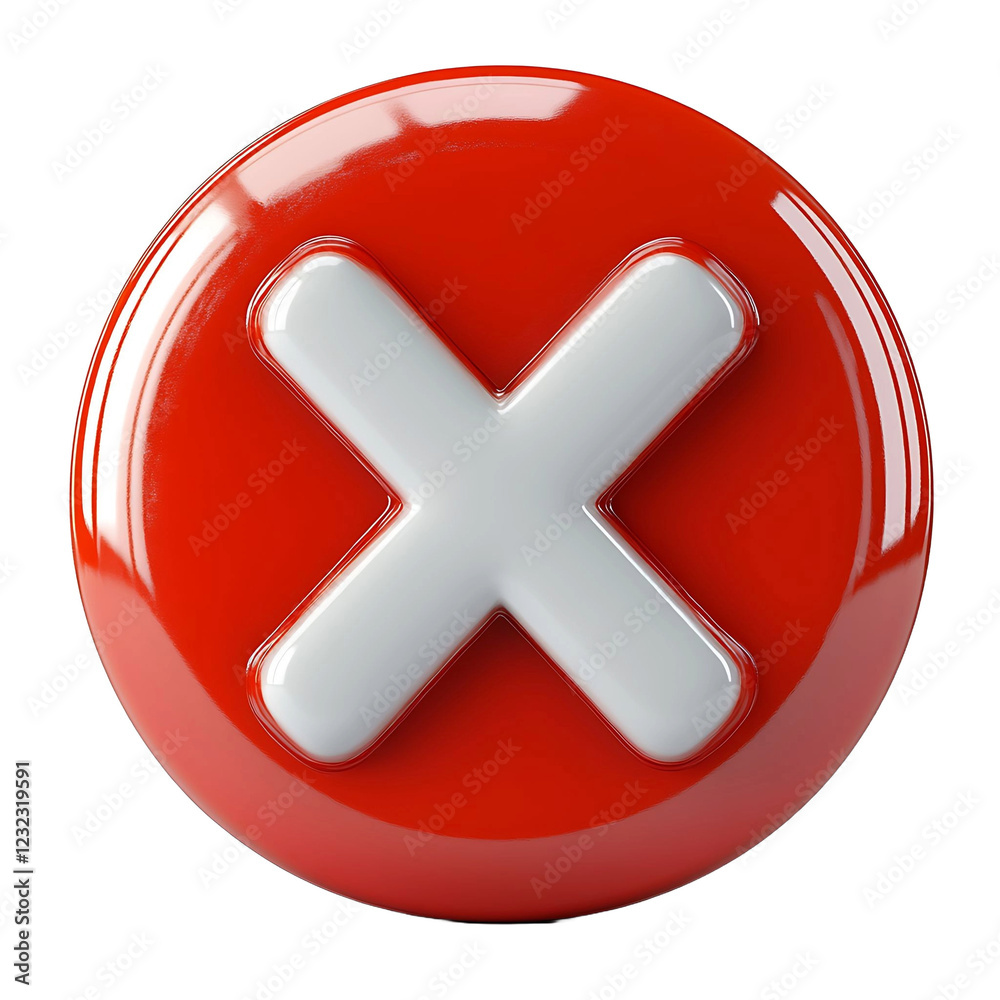 Obraz premium White cross X mark on red circle button. No or incorrect sign. 3D render vector icon in cartoon minimal style. White background.