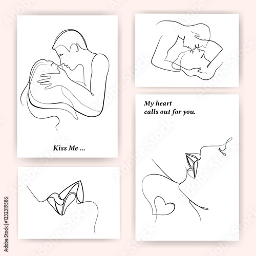 Minimalist one line drawings romantic couples in intimate moments, enhanced with elegant typography. Line Art modern vector illustration set for love themed designs, greeting cards, posters,wall art