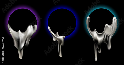 Abstract designs featuring Chrome metallic liquid dripping from black circular frames with neon glowing edges Set. Futuristic vector illustration for graphic design, branding, posters,digital artwork