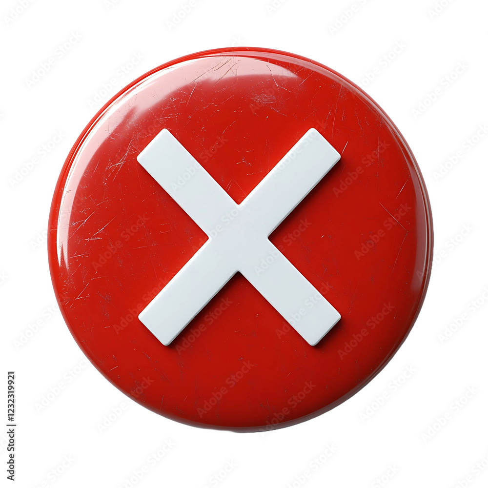 Fototapeta premium White cross X mark on red circle button. No or incorrect sign. 3D render vector icon in cartoon minimal style. White background.