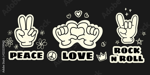 Stylized hand gestures representing peace, love, and rock 'n' roll with bold typography and Vintage doodle elements on a black background. Retro stickers, posters, music merch, vector graphic design