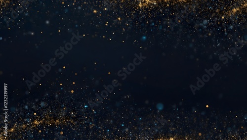  A dark, abstract background with gold and light blue particle effects framing a center black strip.