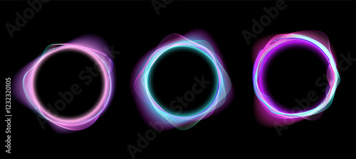  Glowingneon rings with wave effects. Set of three abstract neon rings with glowing wave effects on a black background. vector for digital designs, technology concepts, sci fi, UI elements