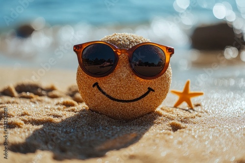 Smiling sandball wearing sunglasses on a sunny beach with a starfish nearby photo