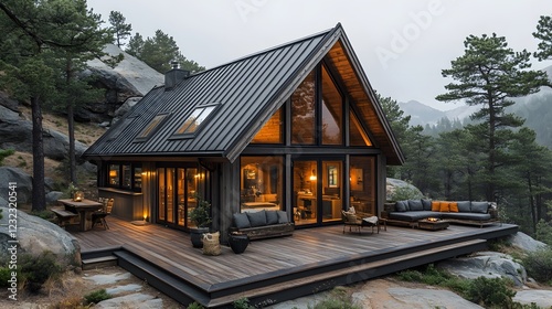 Modern rustic A-frame cabin with a wooden structure, dark steel roof, cozy outdoor seating area overlooking a scenic landscape