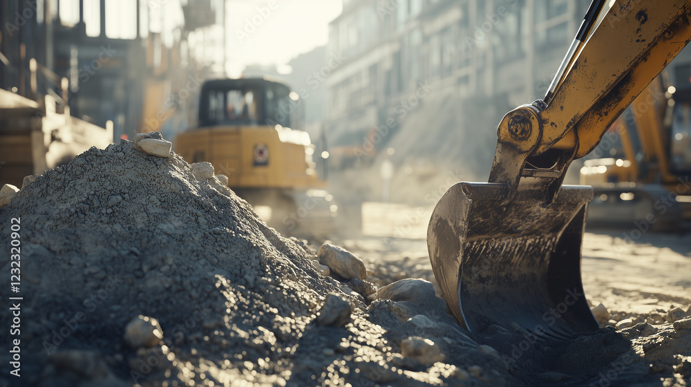 Fototapeta premium Excavator digging into pile of dirt on construction site with machinery in background