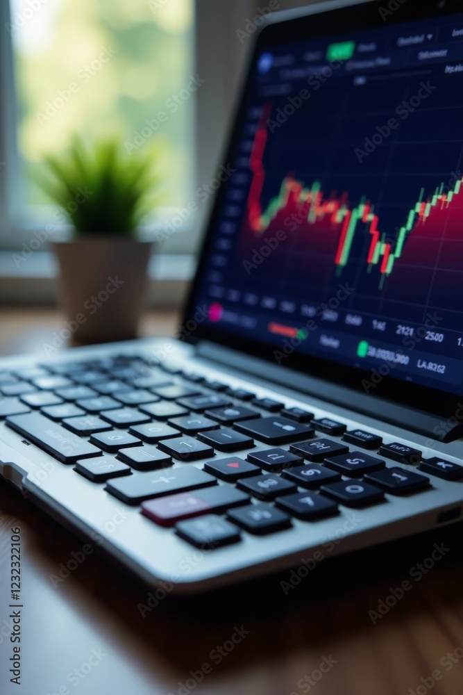 Calculator with rising stock prices on screen, profits, finance, wealth Calculator with rising stock prices on screen, profits, finance, wealth