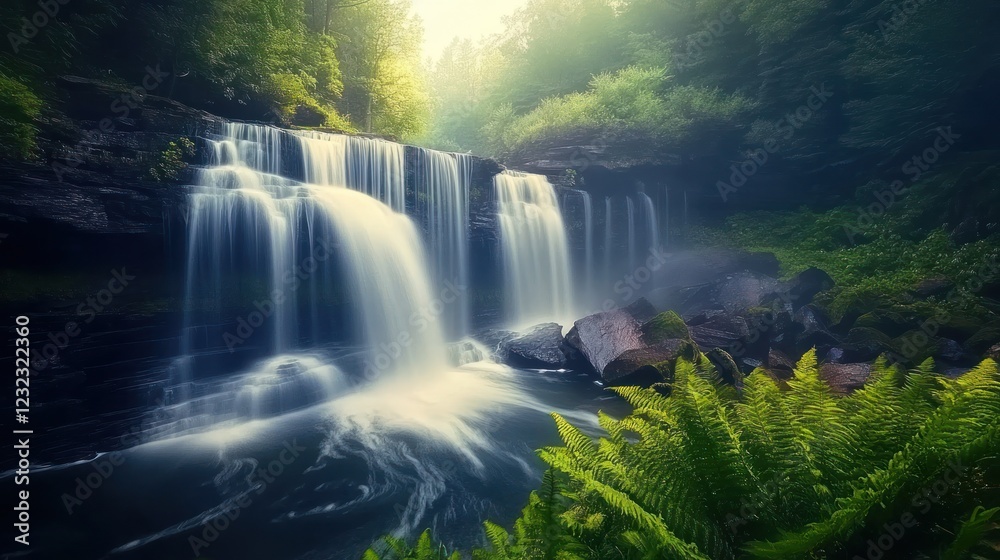 Fototapeta premium Sunlit Waterfall Cascading in Lush Forest