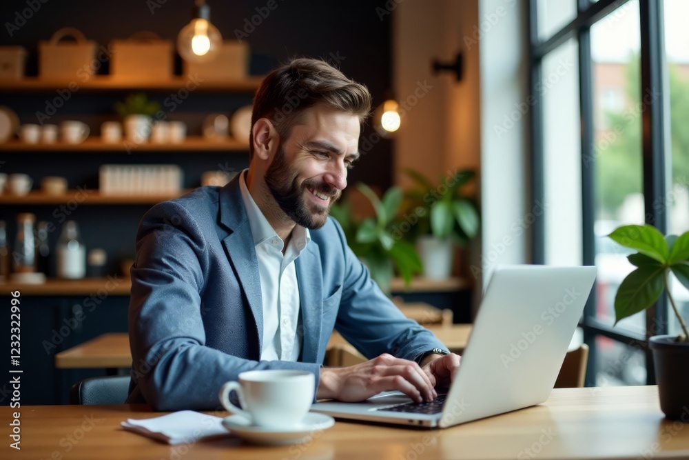 Businessman works from coffee shop with notebook and laptop, relaxed atmosphere, background blur, relaxed office, remote work Businessman works from coffee shop with notebook and laptop, relaxed atmosphere, background blur, relaxed office, remote work