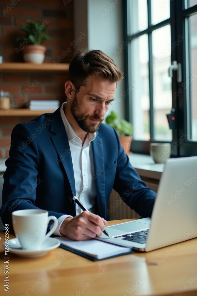 Businessman sitting at desk with laptop, taking notes with a pen and cup of coffee beside him, coffee, laptop, workspace Businessman sitting at desk with laptop, taking notes with a pen and cup of coffee beside him, coffee, laptop, workspace