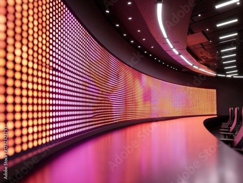 Modern Interior Workspace Featuring a Curved Vibrant LED Screen Installation