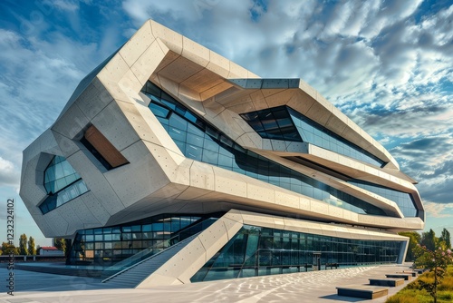 Modern deconstructivist architecture building showing geometric lines and glass facade with cloudy sky photo