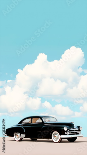 A vintage-style card featuring a classic car with muted colors and nostalgic vibes, layout with copy space
