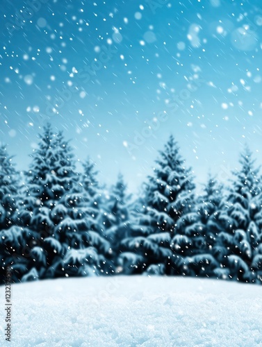 Winter Wonderland with Falling Snowflakes Among Tall Pine Trees in a Blue Sky