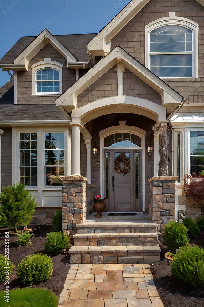 Elegant Home Exterior: Stonework, Landscaping, and Architectural Design Elegant Home Exterior: Stonework, Landscaping, and Architectural Design
