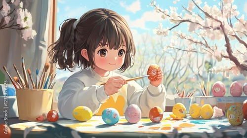 A Japanese-style scene with a girl decorating Easter eggs. Bright colors, delicate lines, and Eastern elements create an atmosphere of celebration and creativity
