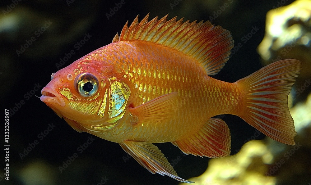 Goldfish swimming in dark aquarium with coral reef background Goldfish swimming in dark aquarium with coral reef background