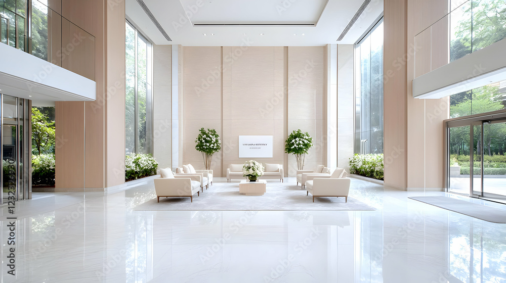 Luxurious building lobby, waiting area, modern design, green views Luxurious building lobby, waiting area, modern design, green views
