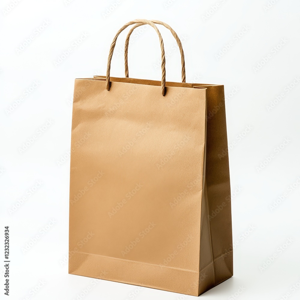 A light brown paper shopping bag with twisted paper handles stands on a white background.