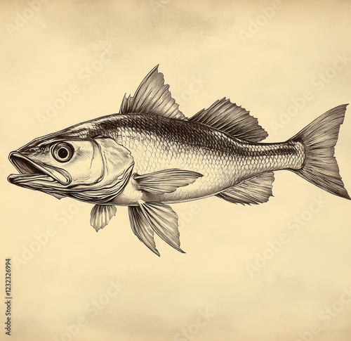 Realistic Illustration of Asian Arowana Fish Scleropages Formosus Engraving Style Chiaroscuro Lighting photo