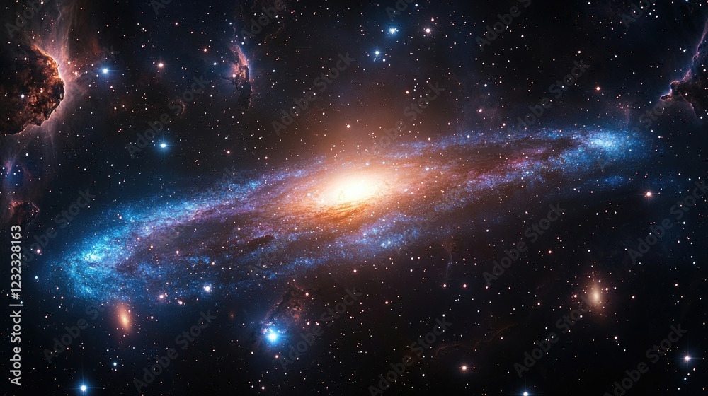 Stunning view of a spiral galaxy with vibrant colors and cosmic elements in the background Stunning view of a spiral galaxy with vibrant colors and cosmic elements in the background