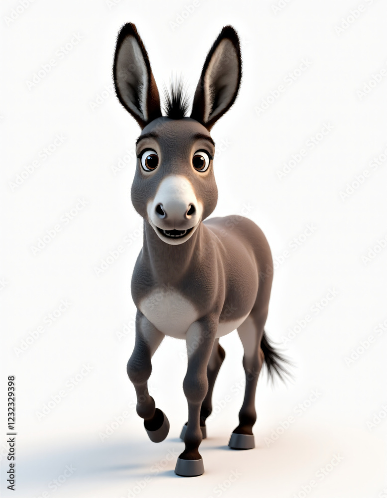 Fototapeta premium Happy Donkey Smiling, Adorable 3D Farm Animal on White Background