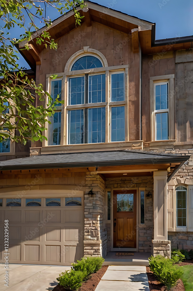 Luxury Modern Home Exterior: Stone and Wood Design. Stunning Contemporary Architecture with Spacious Garage and Landscaped Entrance. Real Estate, Residential Property Luxury Modern Home Exterior: Stone and Wood Design. Stunning Contemporary Architecture with Spacious Garage and Landscaped Entrance. Real Estate, Residential Property