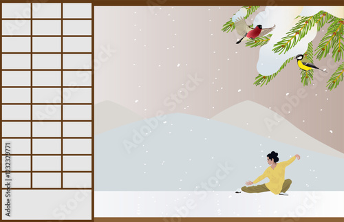 Through the open doors one can see a snow-covered spruce branch with a tit and a bullfinch on it; a girl is doing tai chi exercises against the backdrop of mountains and snowfall.