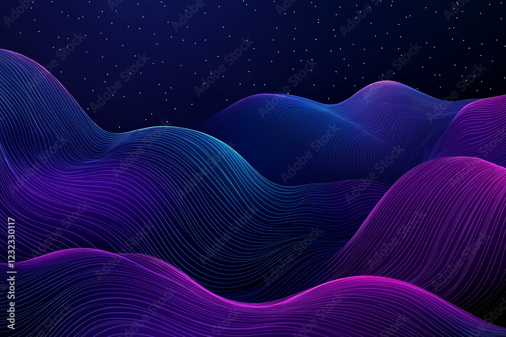 Obraz premium An abstract celestial design featuring vibrant dark blue and purple gradients, with shimmering silver constellations scattered across the background. Crisp black outlines define the shapes and pattern