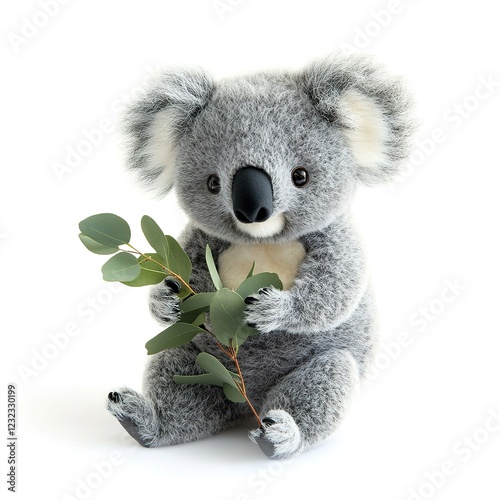 photo huggable plush toy grey koala with green leaves in paws isolated on a white background