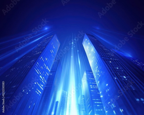 Cityscape, night, skyscrapers, light trails, upward view, futuristic design, website banner