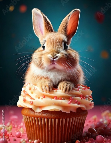 bunny sitting on a giant cupcake, whimsical and adorable-  photo