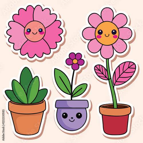 Set of adorable cartoon stickers featuring flowers and plants in pots