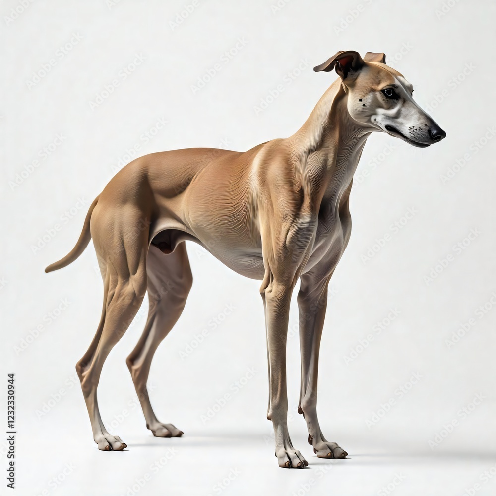 Elegant fawn Whippet dog standing muscular physique studio shot Elegant fawn Whippet dog standing muscular physique studio shot