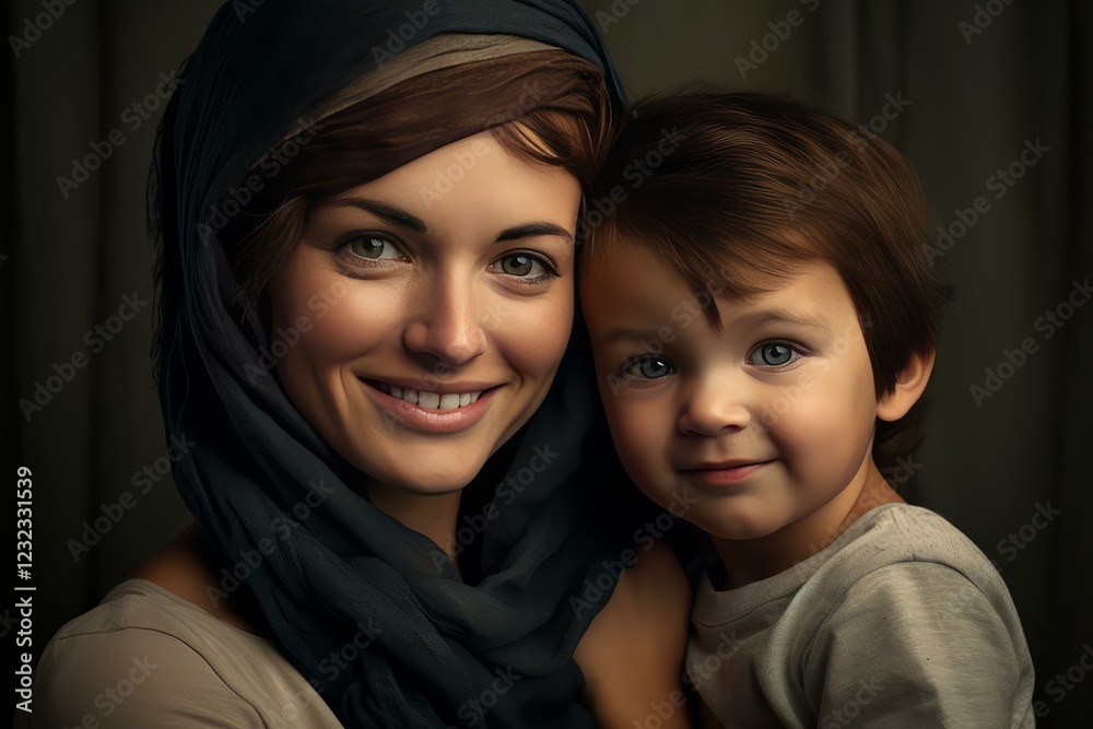 Muslim mother wearing a hijab smiling and embracing her toddler in a tender moment Muslim mother wearing a hijab smiling and embracing her toddler in a tender moment