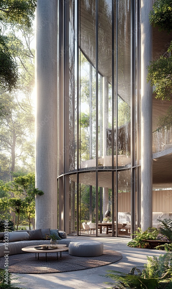 Naklejka premium Modern glass tower in lush forest, outdoor lounge area, morning sunlight