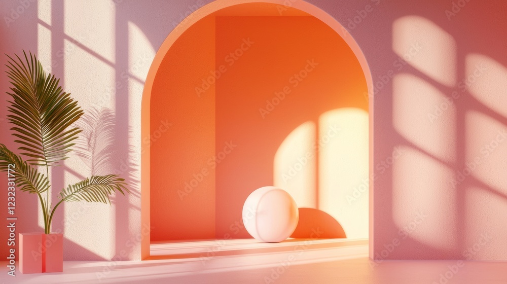 Fototapeta premium Modern archway interior with warm sunlight