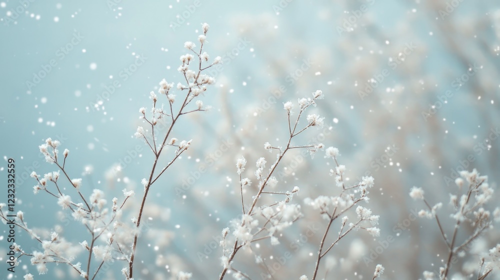 Naklejka premium Winter Wonderland: Frosty Branches and Falling Snow
