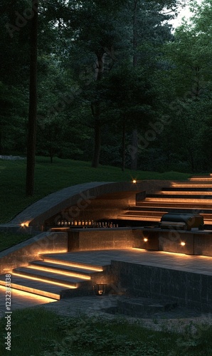 Outdoor amphitheater nestled in woods at dusk, lit steps, cooking area, tranquil setting, ideal for events