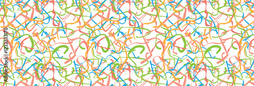 Festive seamless pattern with colorful flat chaotic ribbons and lines like tinsel. Vector, abstract repeating birthday background, for holiday, gift paper, decoration.