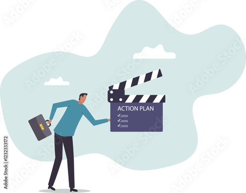 Action plan with checklist step by step of business implementation, procedure or strategy plan to finish project.business concept.flat character.