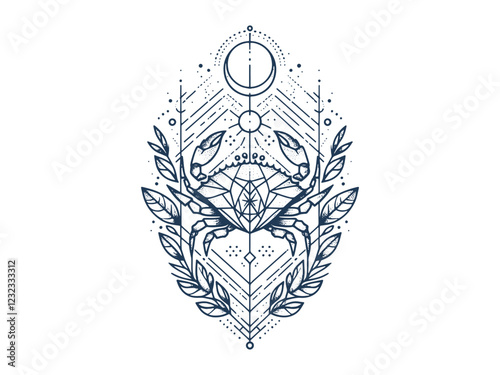 vertical alignment of Line art Cancer Zodiac Sign With celestial cosmic elements. Silhouette Sketch.