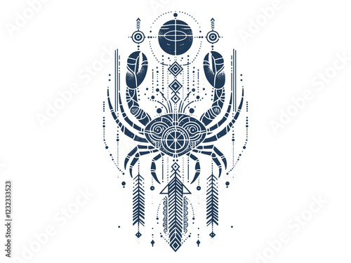 vertical alignment of Line art Cancer Zodiac Sign With celestial cosmic elements. Silhouette Sketch.