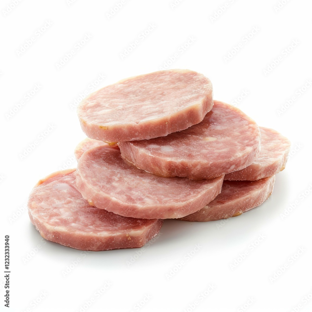Sausage meat slices stacked on a white background, ready for consumption Sausage meat slices stacked on a white background, ready for consumption